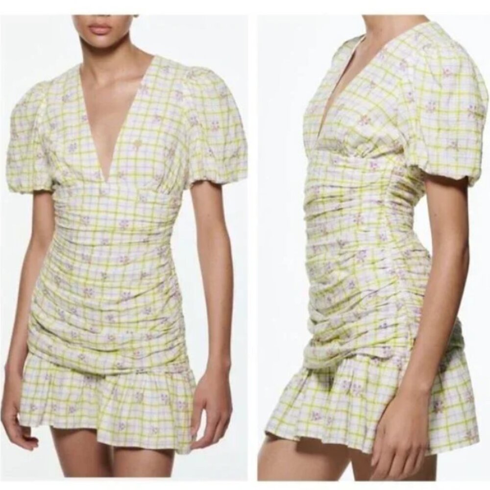 NEW ZARA Puffy Sleeve Check and Embroidered Floral Mini Dress, Size M